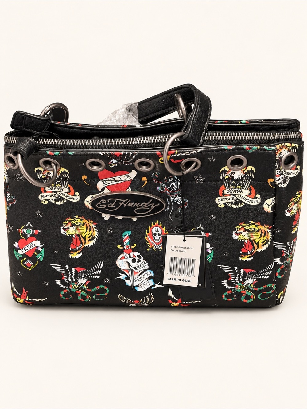 Ed Hardy Black Tattoo Print Tote Bag Skull Charm NWT